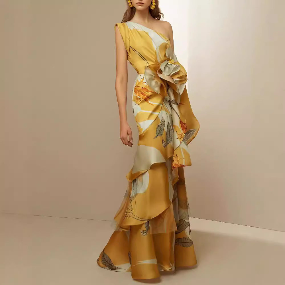 Damen Maxikleid Asymmetrisch Florale Rüschen