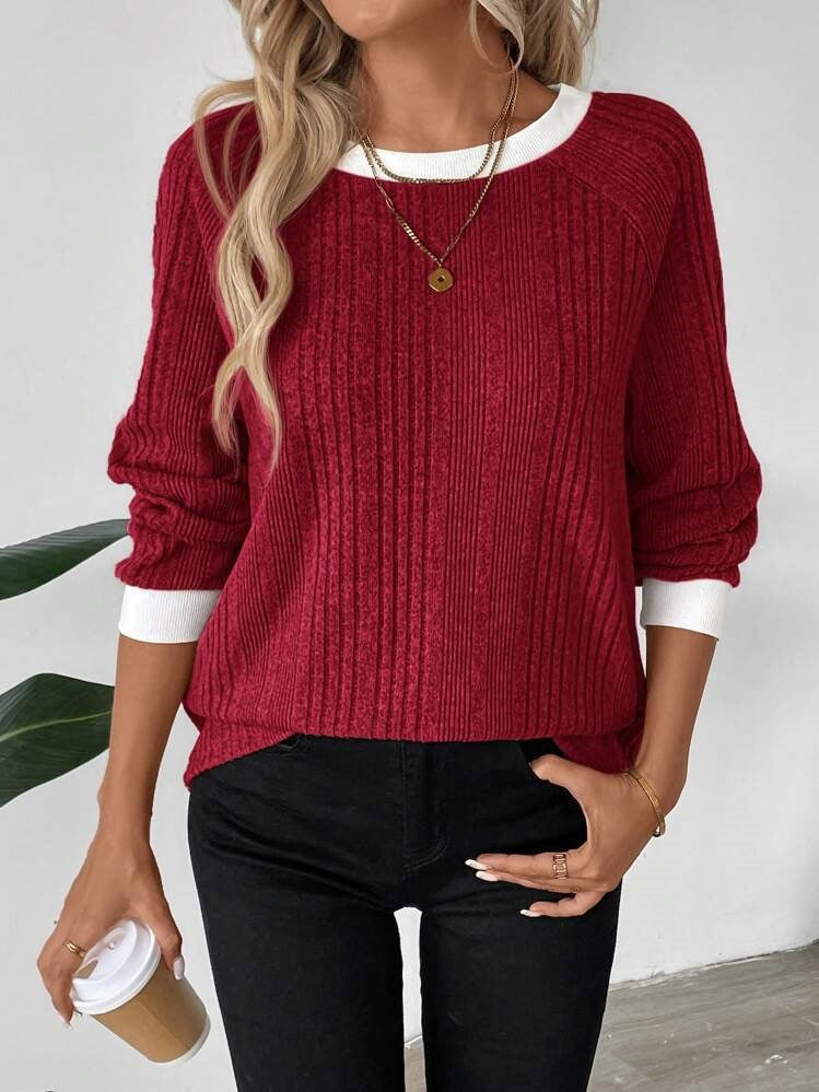 Damen Pullover Lässig Rippenstrick Kontrastbesatz Norvielle