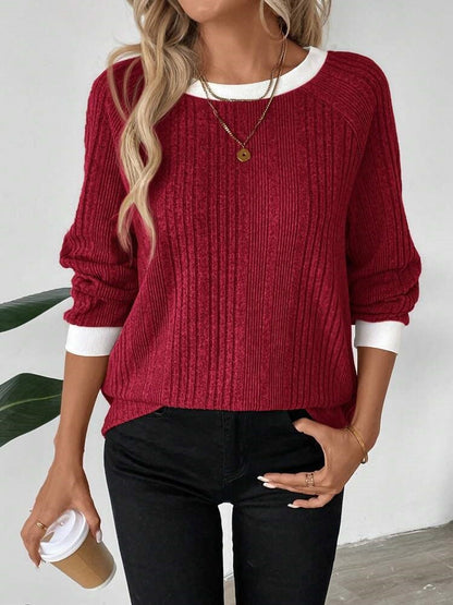 Damen Pullover Lässig Rippenstrick Kontrastbesatz Norvielle