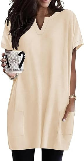 Damen Tunika-Kleid V-Ausschnitt Taschen Norvielle