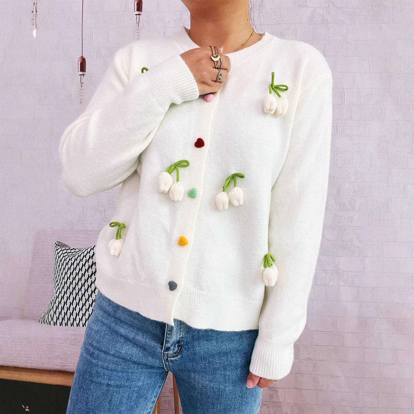 Damen Strickjacke Florales Design Bunt