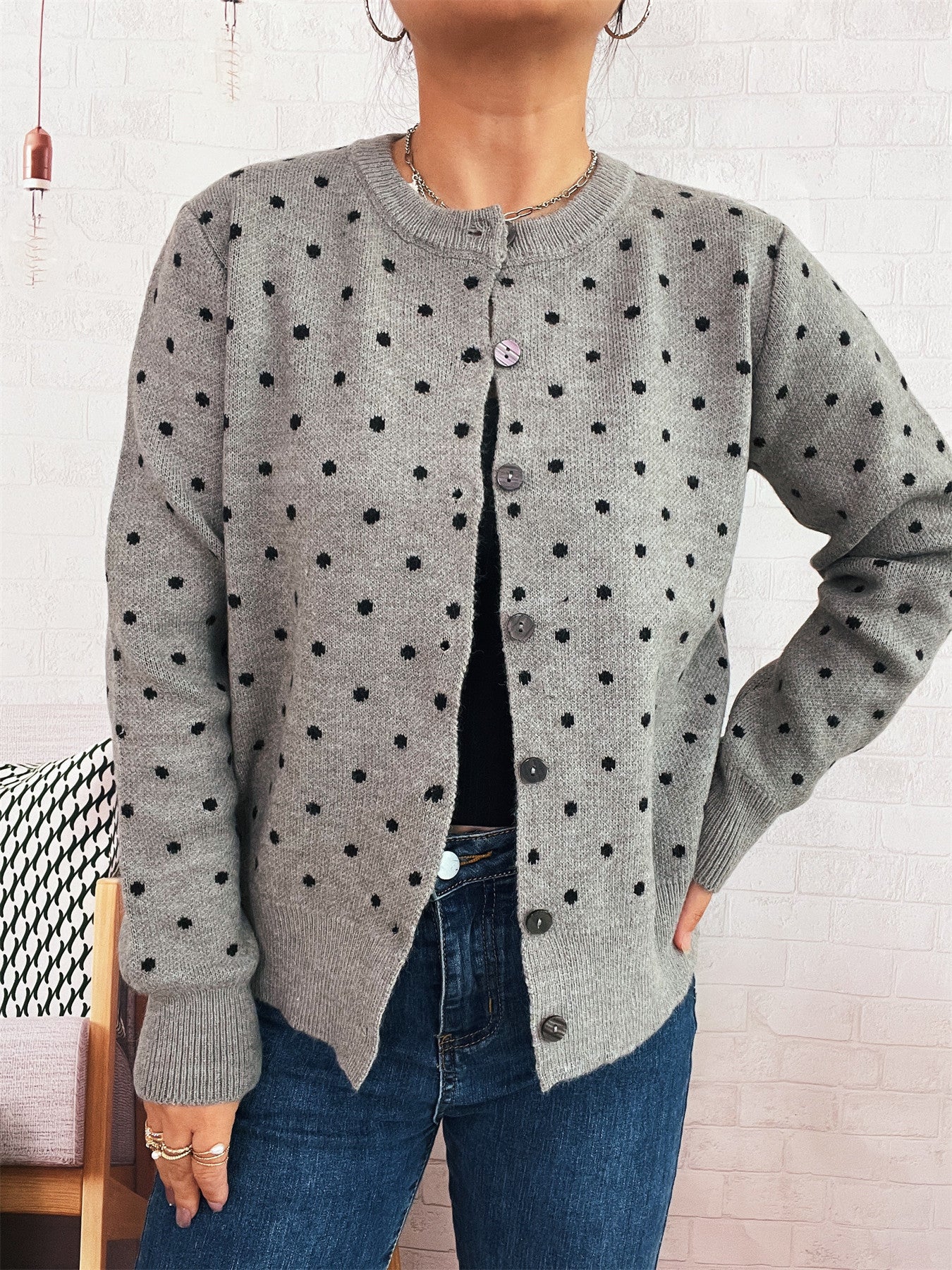 Damen Strickjacke Modern Punkte Knopfleiste Norvielle