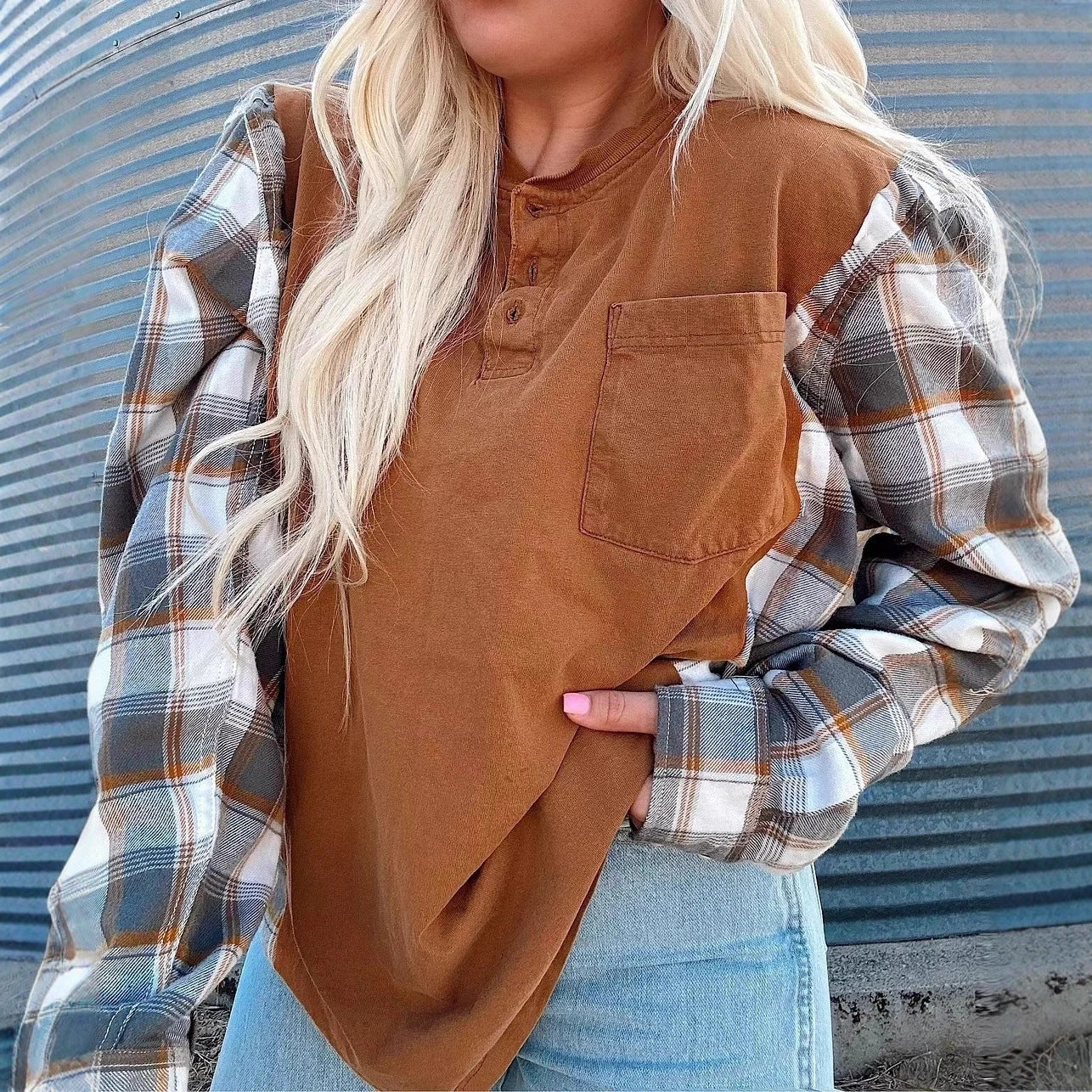Damen Langarmshirt karierte Ärmel Norvielle