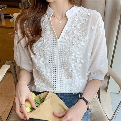 Damen Bluse Halbärmel Florale Stickerei Norvielle - Norvielle