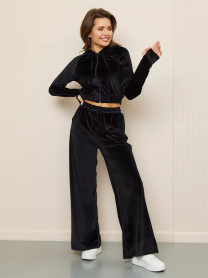 Damen Velours Jogginganzug Cropped Kapuze Weite Passform
