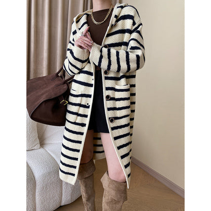 Damen Strickmantel Kapuze Gestreift Beige