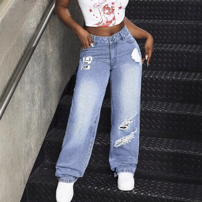 Damen Destroyed Jeans Weites Bein Denim