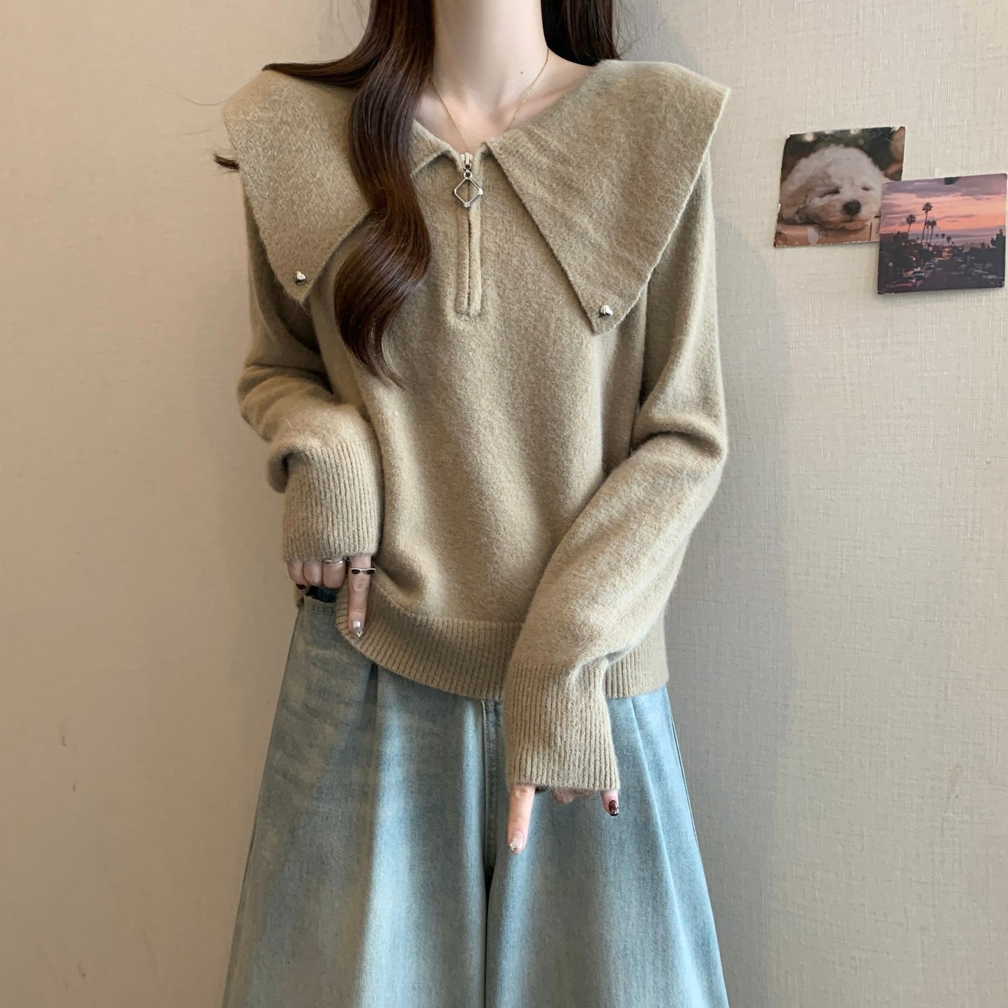 Damen Strickpullover Dekorativer Kragen Reißverschluss Norvielle