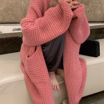 Damen Longcardigan mit Taschen und Zopfmuster