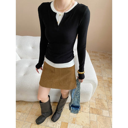 Damen Langarmshirt Figurbetont Hochgeschlossener Ausschnitt Layered