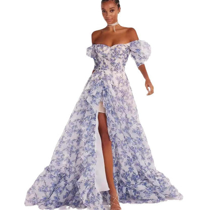 Damen Maxikleid Schulterfrei Florale Rüschendetails