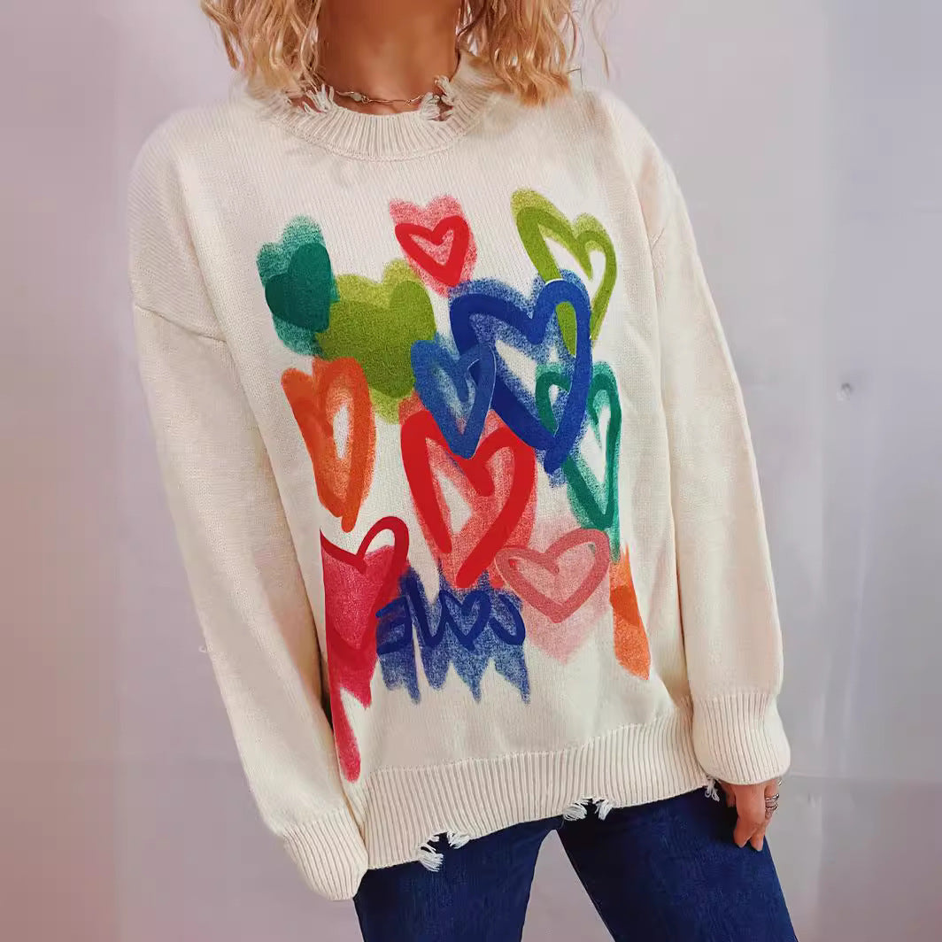 Damen Pullover Bunt Herzdesign Kaschmir