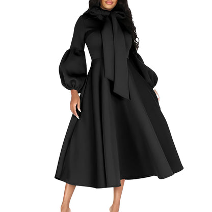 Damen Midi-Kleid Längere Puffärmel Elegante Schleife