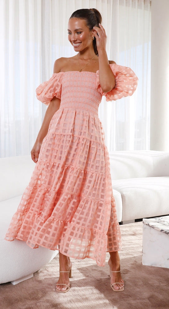 Damen Maxikleid Luftige Puffärmel Gerafftes Oberteil Norvielle
