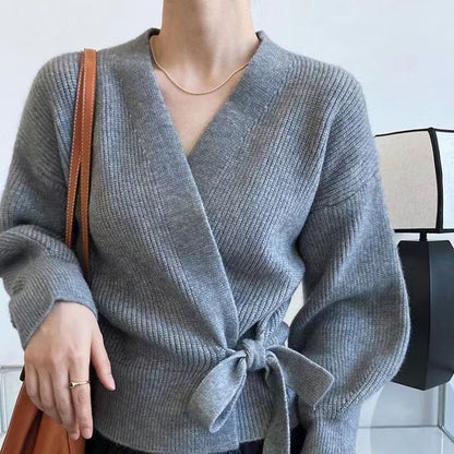 Damen Wickelpullover V-Ausschnitt Taillenzug Norvielle