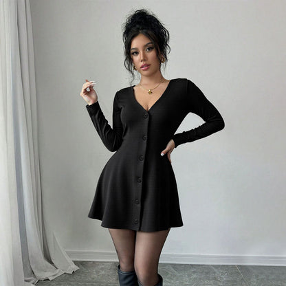 Damen Strickkleid Knielang V-Ausschnitt Knopfleiste Norvielle