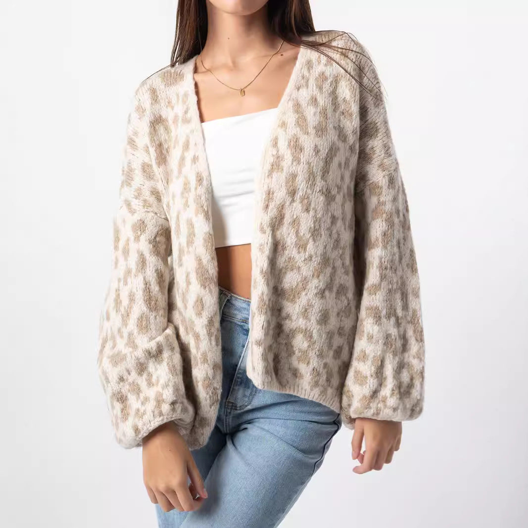 Damen Strickjacke Leopardenmuster Oversized Voluminöse Ärmel Norvielle