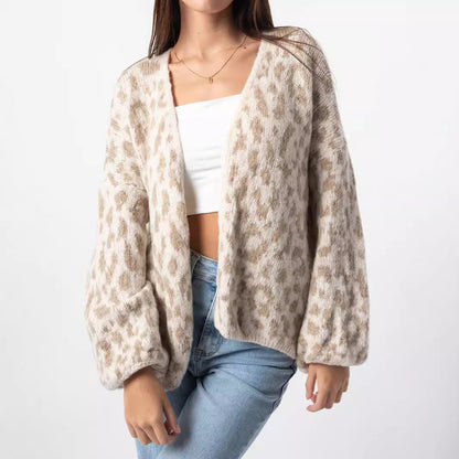 Damen Strickjacke Leopardenmuster Oversized Voluminöse Ärmel Norvielle