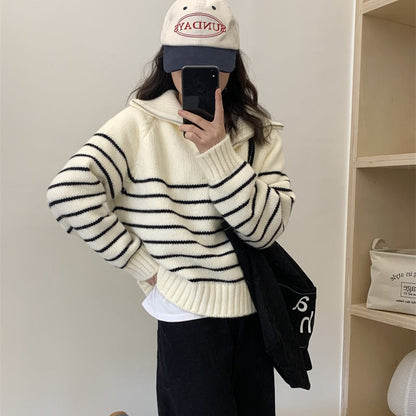 Damen Strickpullover Lässig Sportlicher Kragen Streifenmuster