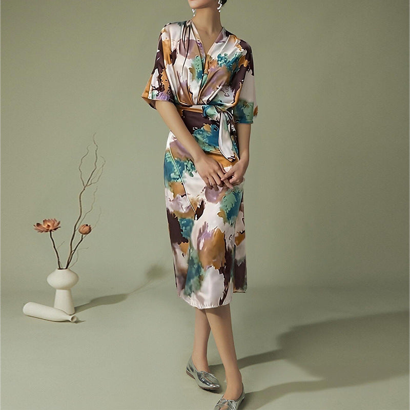 Damen Wickelkleid Kimono-Ärmel Taillengürtel
