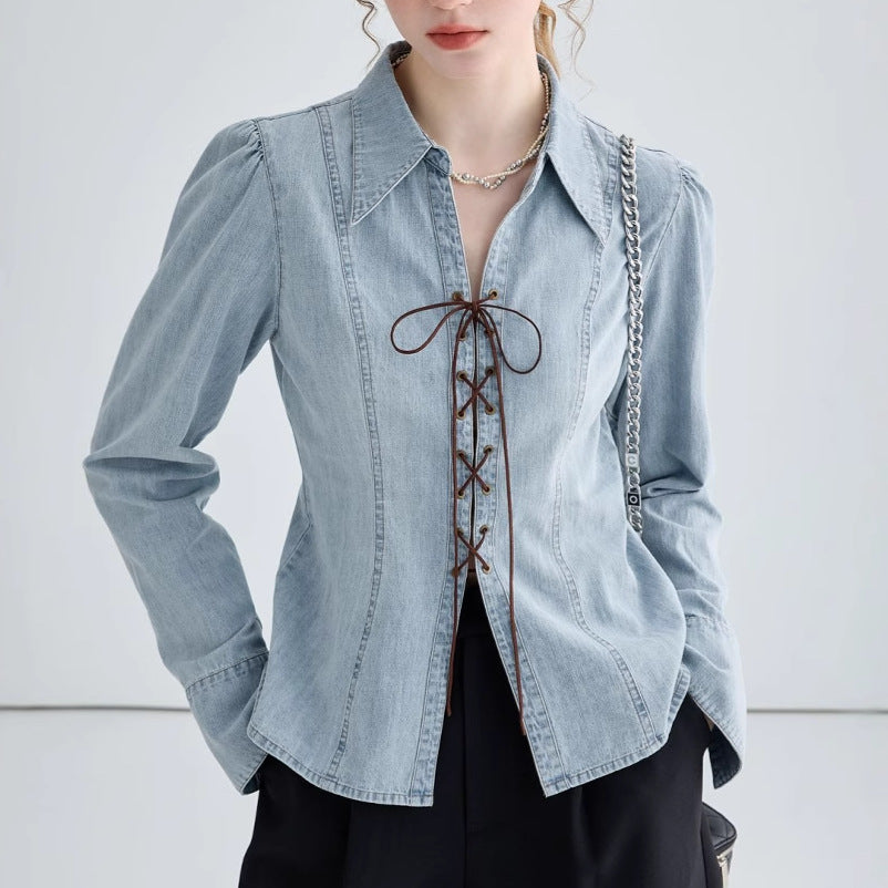 Damen Jeansbluse Geschnürtes Dekolleté Puffärmel Blau - Norvielle