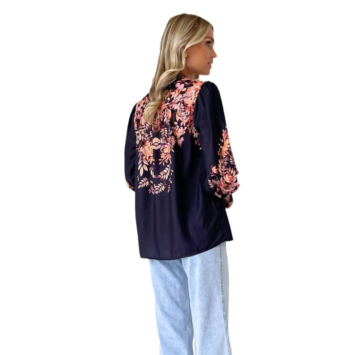 Damen Langarmbluse Floralmuster Elastisch Weiß