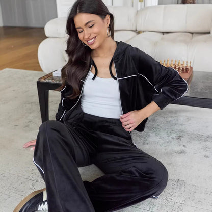 Damen Sportlicher Velour-Anzug mit Kapuze Elastisch
