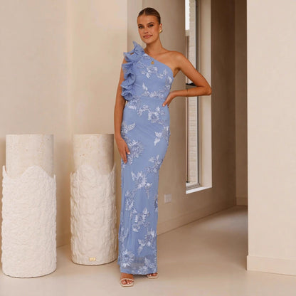 Damen Abendkleid Asymmetrischer Träger Florale Applikationen Norvielle