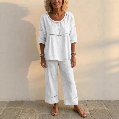 Damen Loungewear Anzug Leinen Luftig Spitze Beige