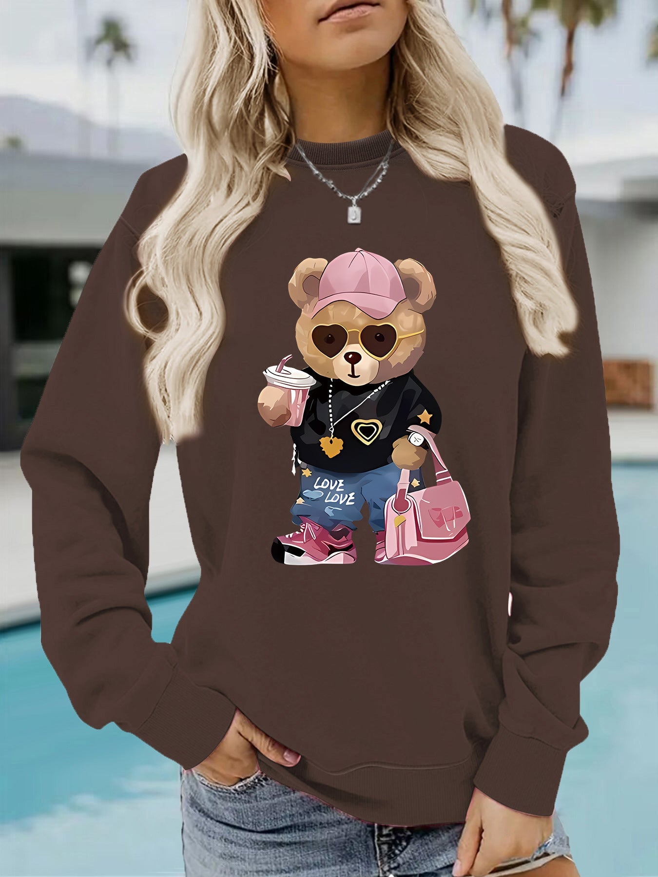 Damen Sweatshirt Cartoon Bär Motiv Weiß
