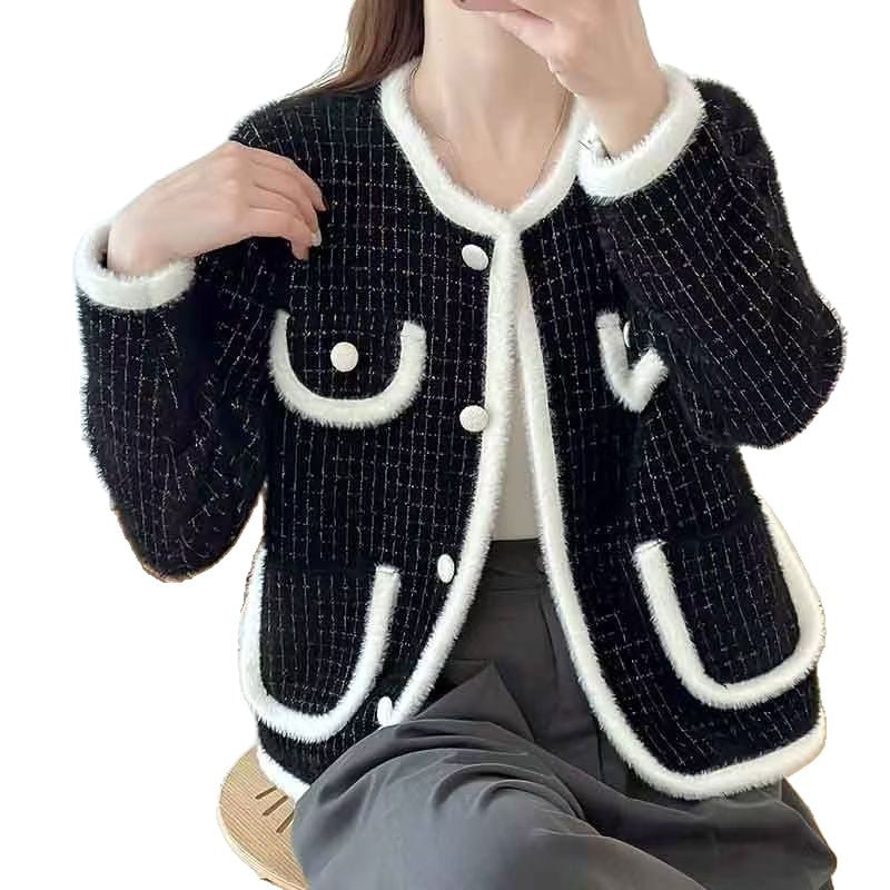 Damen Bouclé-Cardigan Weich Taschen Beige