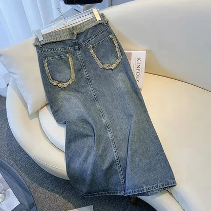 Damen Denim-Midi-Rock mit Frontschlitz