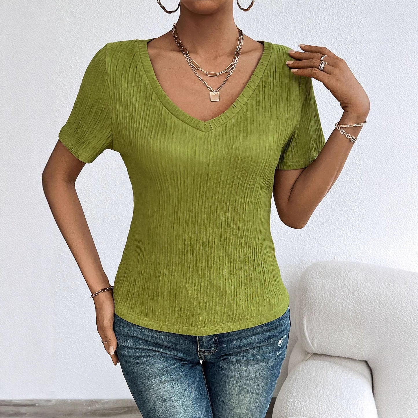Damen Kurzarmshirt V-Ausschnitt Rippstruktur Norvielle