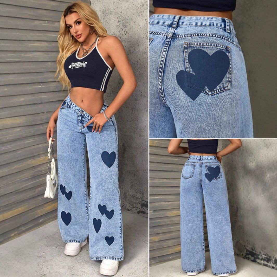 Damen Weite Jeans Herzen-Applikationen Norvielle - Norvielle