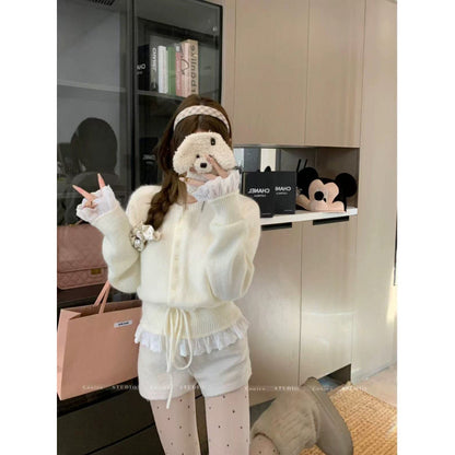 Damen Strickjacke Rüschen Optik Taillenbindung Beige