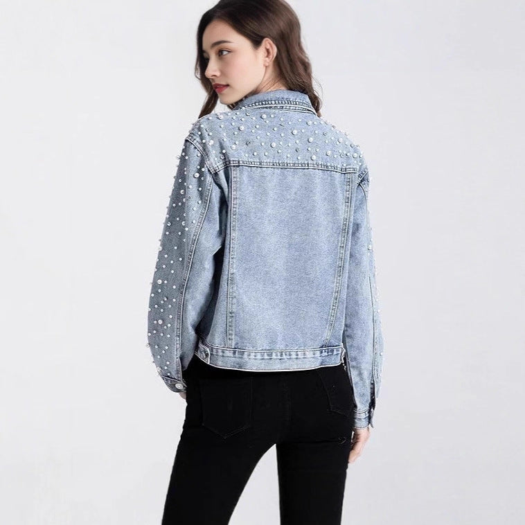 Damen Denimjacke Perlenverzierungen