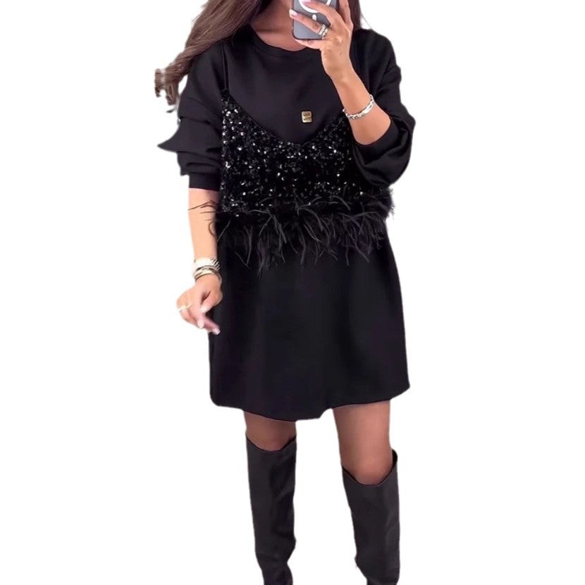 Damen Sweatkleid mit Pailletten und Federn Norvielle