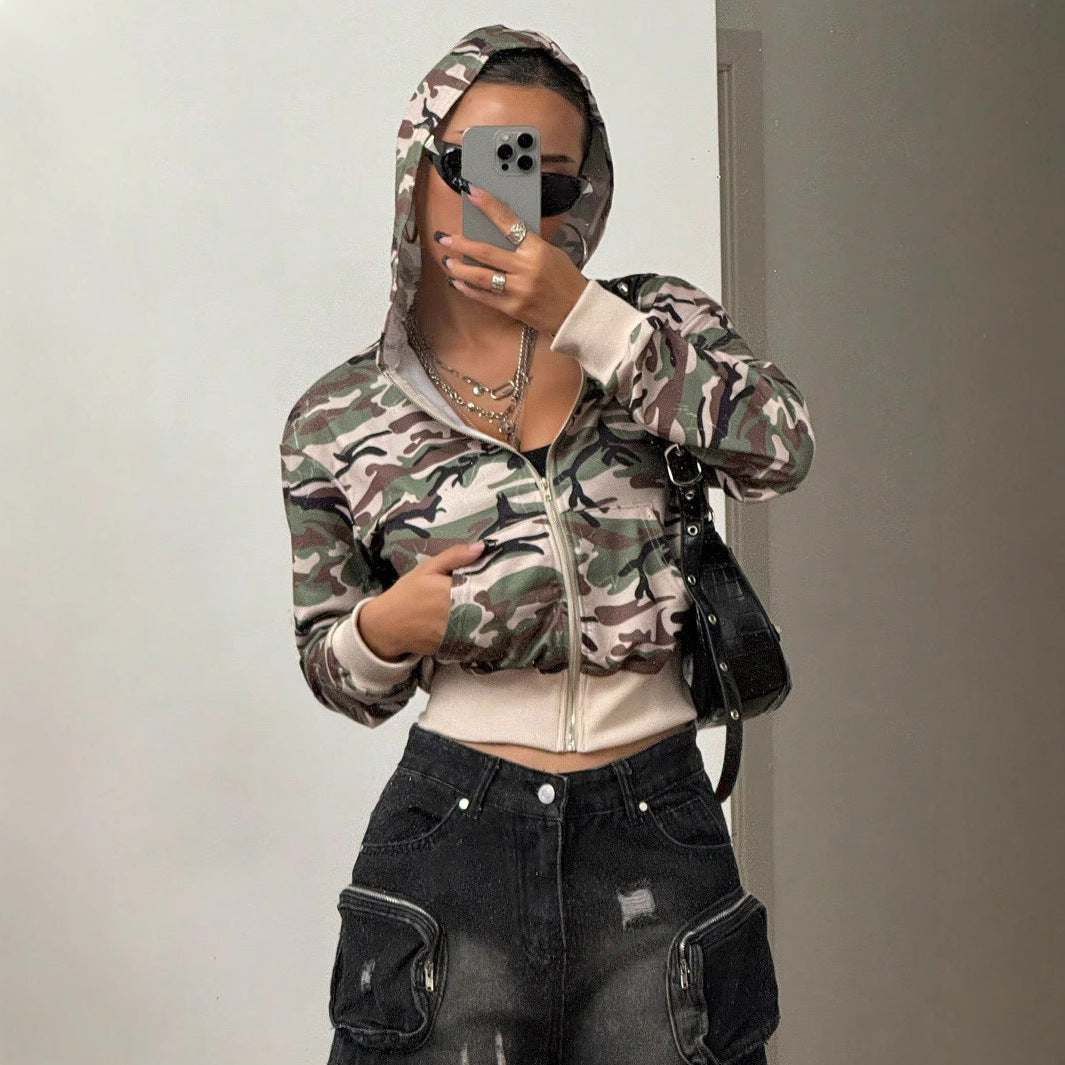 Damen Kurzjacke Camouflage Stil Kapuzenjacke Modern