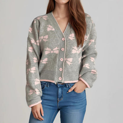 Damen Strickjacke Kuschelig Dekoratives Motiv Knopfleiste Norvielle