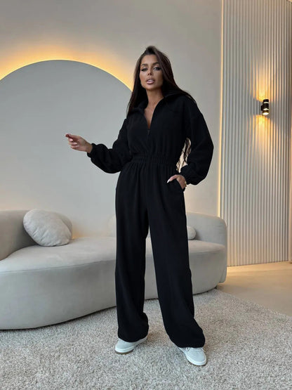 Damen Sportlicher Jumpsuit High-Waist Verdeckter Reißverschluss