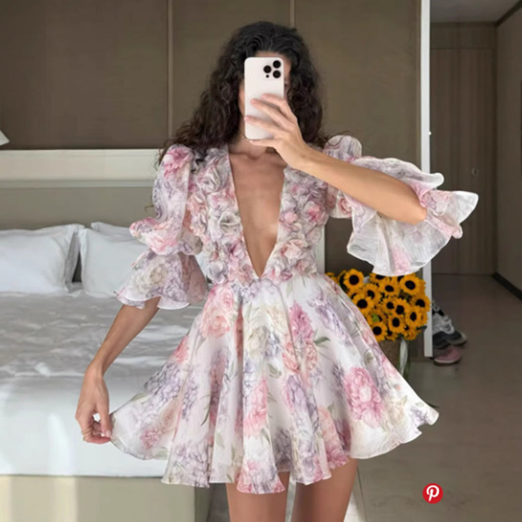 Damen Maxikleid Fließend Rüschen Blumenmuster - Norvielle