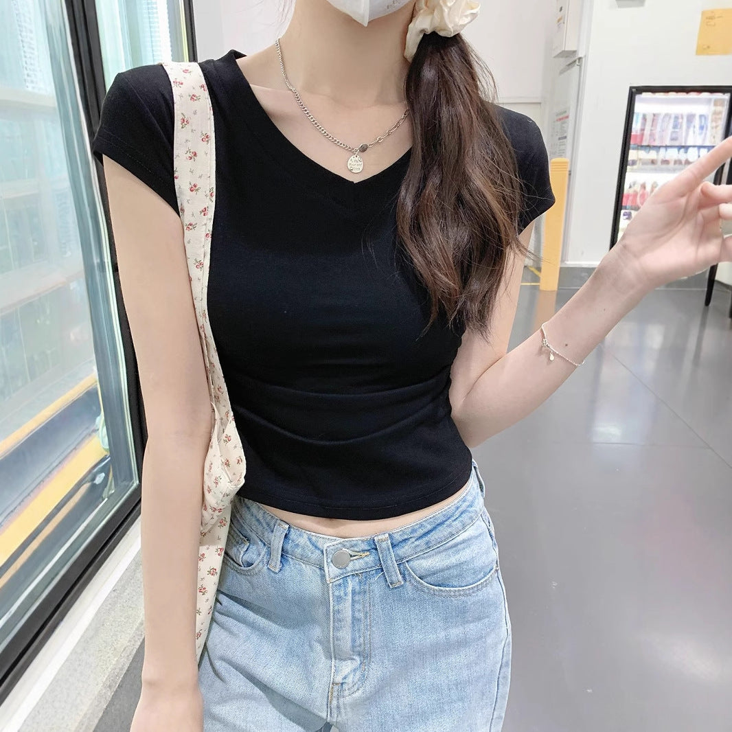 Damen Cropped T-Shirt V-Ausschnitt Figurbetont Weiß