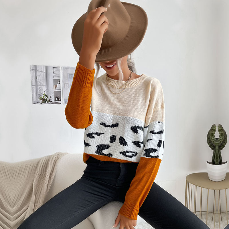Damen Strickpullover Lässig Farbblock-Design Animal-Muster