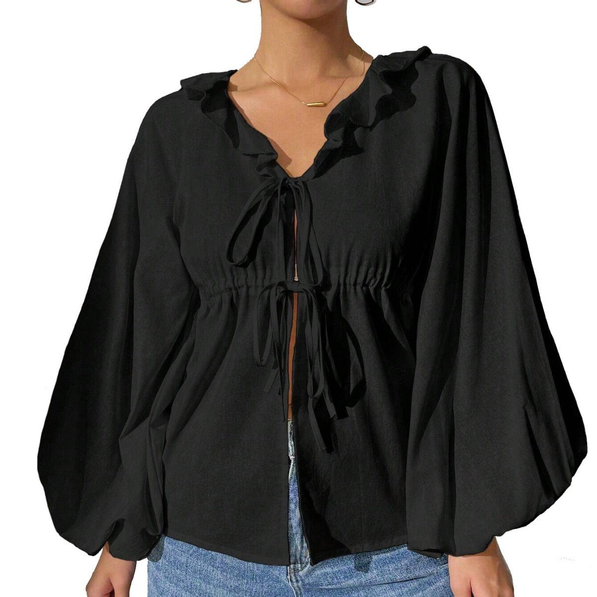 Damen Shirtjacke Blusenstyle Voluminöse Ärmel Rüschen Norvielle