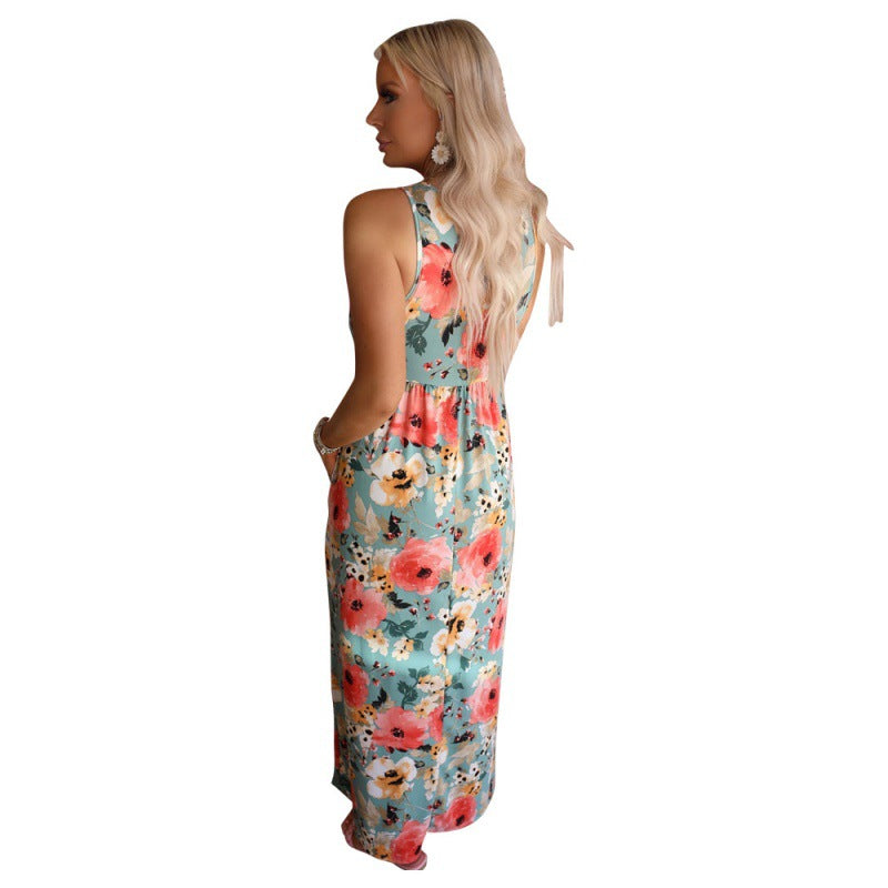 Damen Maxikleid Florales Design Elastischer Taillenbund