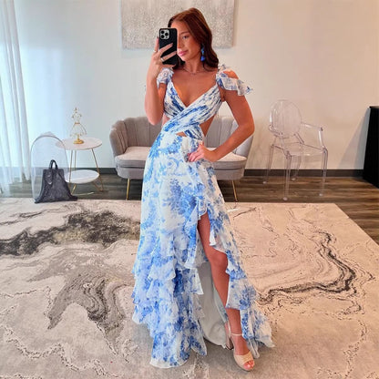 Damen Maxikleid Romantische Rüschen Floraler Schnitt