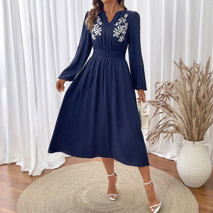 Damen Midikleid Florale Stickereien Elastischer Taillengürtel
