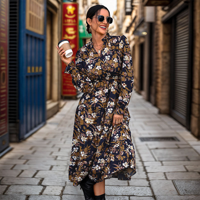 Damen Maxikleid Floral Taillengürtel Fließend Norvielle