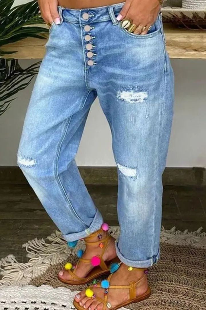 Damen Relaxed Fit Jeans Hochknöpfe Distressed Aussehen