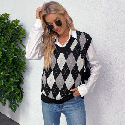 Damen Ärmelloser Pullover Rautenmuster V-Ausschnitt Norvielle